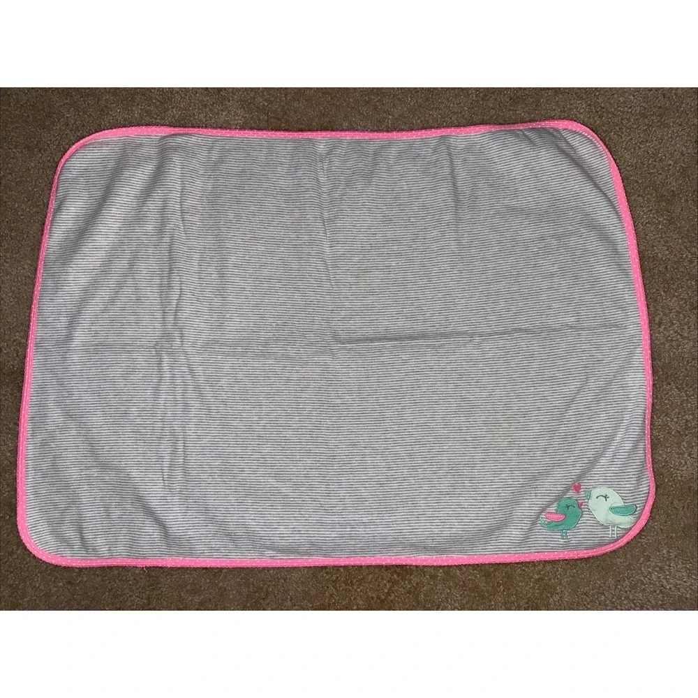 Carter's Gray Stripe Baby Girl Love Heart Birds Cotton Pink Dot Trim Blanket EUC